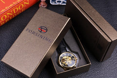 Forsining 99A Top Luxury Brand Gold 3D Hollow Engraving Dial Leather Strap Skeleton Men's Mechanical Watches Business