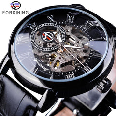 Forsining 99A Top Luxury Brand Gold 3D Hollow Engraving Dial Leather Strap Skeleton Men's Mechanical Watches Business
