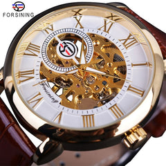 Forsining 99A Top Luxury Brand Gold 3D Hollow Engraving Dial Leather Strap Skeleton Men's Mechanical Watches Business