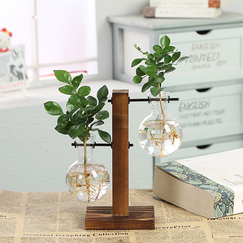 Creative Glass Desktop Planter Bulb Vase Wooden Stand Hydroponic Plant Container Decor Home Tabletop Decor Vases Floral vase