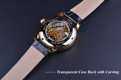 Forsining 99A Top Luxury Brand Gold 3D Hollow Engraving Dial Leather Strap Skeleton Men's Mechanical Watches Business