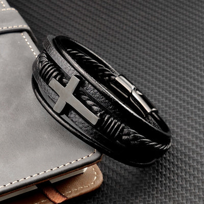 Boho Personalized Men's Family Name Bracelet Black Cross Woven Leather With Stainless Steel Charm Bracelet Custom Name Jewelry