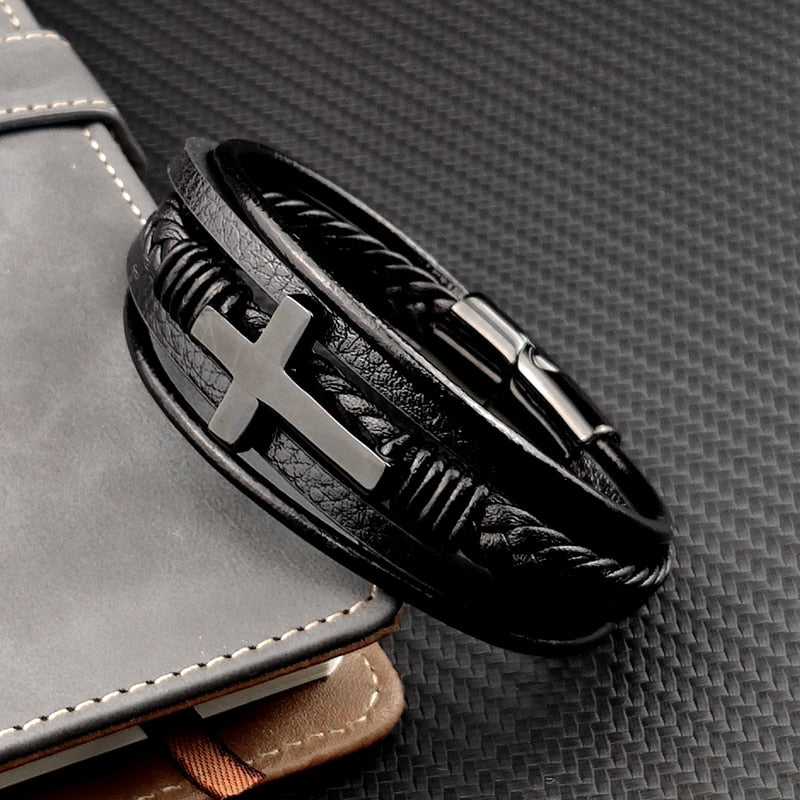 Boho Personalized Men's Family Name Bracelet Black Cross Woven Leather With Stainless Steel Charm Bracelet Custom Name Jewelry