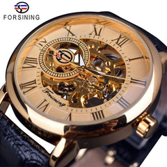Forsining 99A Top Luxury Brand Gold 3D Hollow Engraving Dial Leather Strap Skeleton Men's Mechanical Watches Business