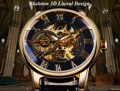 Forsining 99A Top Luxury Brand Gold 3D Hollow Engraving Dial Leather Strap Skeleton Men's Mechanical Watches Business