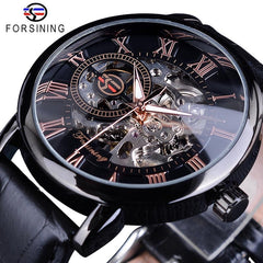 Forsining 99A Top Luxury Brand Gold 3D Hollow Engraving Dial Leather Strap Skeleton Men's Mechanical Watches Business