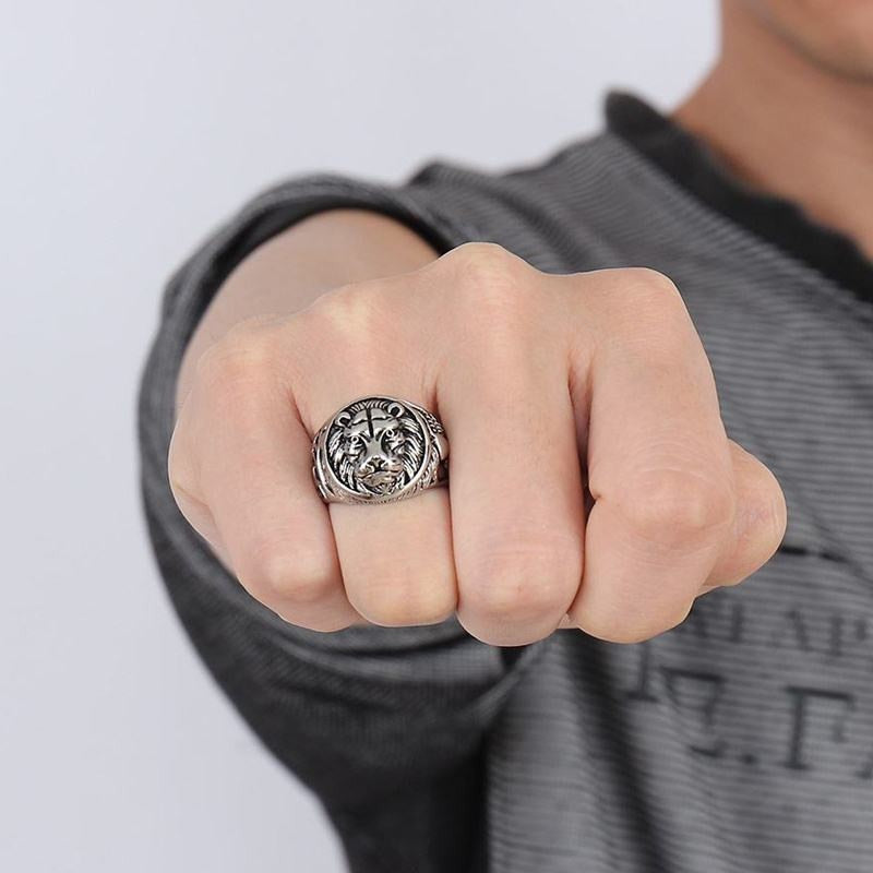 Solid 925 Sterling Silver Mens Lion Ring Vintage Steampunk Retro Biker Rings For Men Trees Deers Engraved Male Jewelry