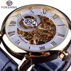 Forsining 99A Top Luxury Brand Gold 3D Hollow Engraving Dial Leather Strap Skeleton Men's Mechanical Watches Business