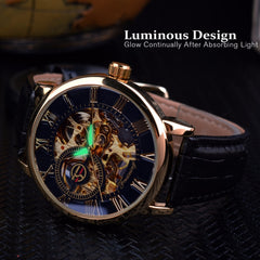 Forsining 99A Top Luxury Brand Gold 3D Hollow Engraving Dial Leather Strap Skeleton Men's Mechanical Watches Business