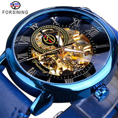 Forsining 99A Top Luxury Brand Gold 3D Hollow Engraving Dial Leather Strap Skeleton Men's Mechanical Watches Business