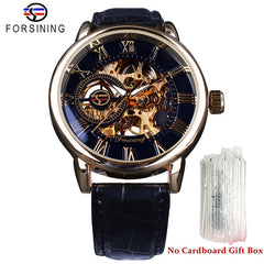 Forsining 99A Top Luxury Brand Gold 3D Hollow Engraving Dial Leather Strap Skeleton Men's Mechanical Watches Business