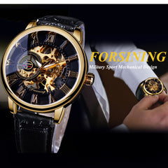 Forsining 99A Top Luxury Brand Gold 3D Hollow Engraving Dial Leather Strap Skeleton Men's Mechanical Watches Business