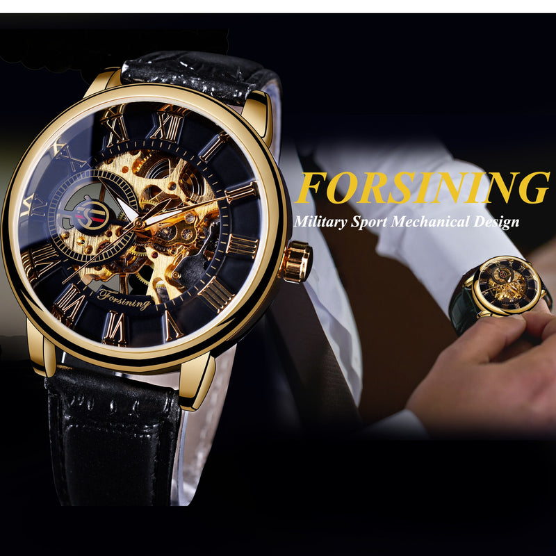 Forsining 99A Top Luxury Brand Gold 3D Hollow Engraving Dial Leather Strap Skeleton Men's Mechanical Watches Business