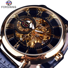 Forsining 99A Top Luxury Brand Gold 3D Hollow Engraving Dial Leather Strap Skeleton Men's Mechanical Watches Business